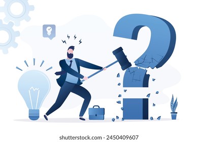 Businessman uses hammer and smashing large question mark. Problem solving, brainstorming. New ideas searching. Imagination, creativity. Male manager overcoming obstacles. Idea pitching. Flat vector