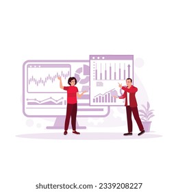 businessman uses his computer monitor and calculator to keep track of trading charts. Growth investment. Trend Modern vector flat illustration
