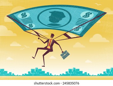 Businessman uses his Financial Dollar Bill Parachute. Great illustration of Retro styled Businessman who's remembered to pack his Dollar Bill Parachute and land to safety in the business landscape.