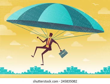 Businessman uses his Parachute. Great illustration of Retro styled Businessman who's remembered to pack his Parachute and land to safety in the business landscape.