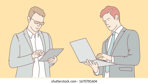 Businessman uses a laptop. Man with glasses uses a tablet. Hand drawn vector illustration.