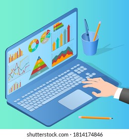 A businessman uses a laptop to study and analyze data.The concept of collaboration and analytical thinking.Flat vector illustration