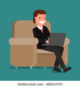 A businessman uses a laptop while sitting on a chair. Vector illustration, a flat style design.