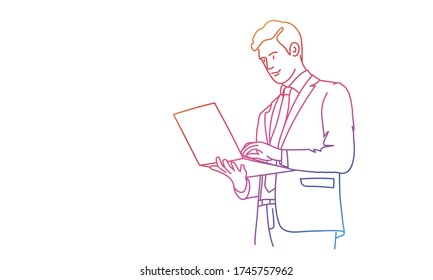 Empresario usa un portátil mientras está de pie. Colores arcoiris en ilustración vectorial lineal.