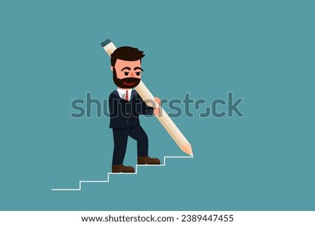 A businessman uses a large pencil to draw stairs and walks up the stairs. Stepping up the path that will lead to success on your own. Business development strategies to achieve business goals.