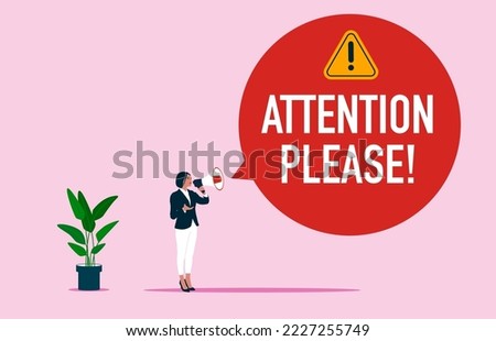 Businessman uses loudspeaker. Bubble with text -attention please! Important news, danger situation. Flat modern vector illustration