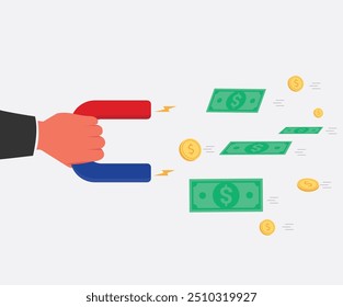 Businessman uses a magnet pull US dollar coin