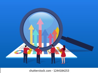 Businessman uses magnifying glass to change data arrow direction