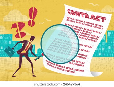Businessman uses magnifying glass to check contract. Businessman is very careful to check the fine print of his business contract with his huge magnifying glass.