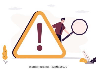 Businessman uses magnifying glass and investigate incident. Exclamation attention sign, incident or risk management, root cause analysis or solving problem, identify risk or critical failure. vector