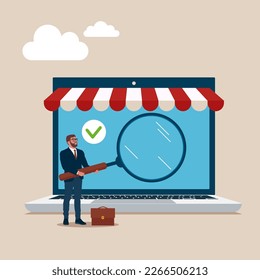 Businessman uses a magnifying glass to view the trading market. Business analysis or market analysis. Modern vector illustration in flat style
