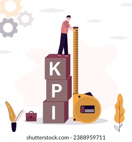 Businessman uses measuring tape to measure KPI level. Business benchmark measurement, KPI, key performance indicator to evaluate success, improvement or business growth concept. vector illustration