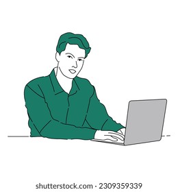 Businessman uses a notebook on the office desk. Vector art.