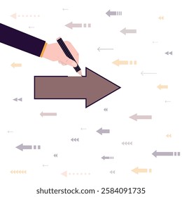 Businessman uses pencil and drawing arrow in opposite direction. New ideas change way and direction of thinking, man moves in other way, overcoming obstacles. New opportunities. vector illustration