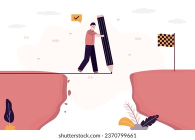 Businessman uses pencil and draws road across abyss to success. Development of strategy or way to achieve goals, career growth, progress and improvement, business planning to overcome difficulties.