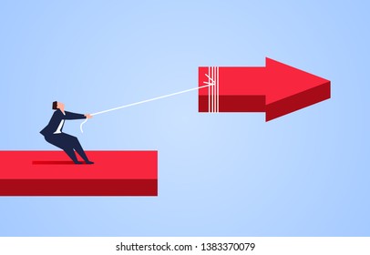 Businessman uses the rope to pull back the broken arrow