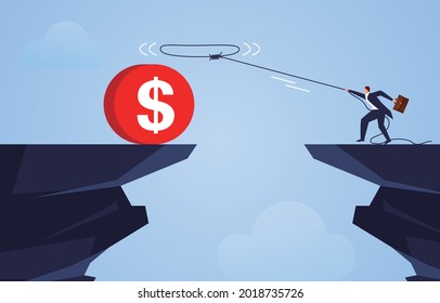 The businessman uses the rope to pull the gold coins across the cliff
