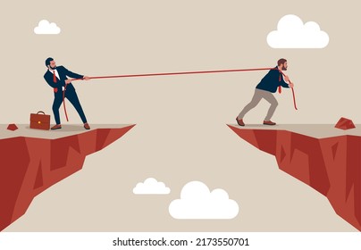 Businessman uses a rope to pull his companion to the cliff.