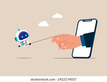 Geschäftsmann benutzt ein Seil, um seinen Roboter zu ziehen. Freiheit von Sklaverei. Digitale Sucht. Flache Vektorgrafik