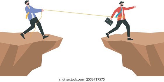 Businessman uses a rope to pull his companion to the cliff

