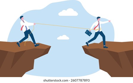 Businessman uses a rope to pull his companion to the cliff

