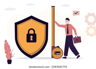Businessman uses roulette and measures the level of protection. Protective shield with lock, high level of protection against hacker attacks, scams and cyber hacking. Happy user character. flat vector