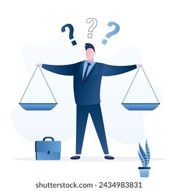 Businessman uses scales and comparing to be equal, fair measuring. Decision or balance concept. Comparison advantage and disadvantage. Integrity or honest truth, pros and cons or measurement. vector