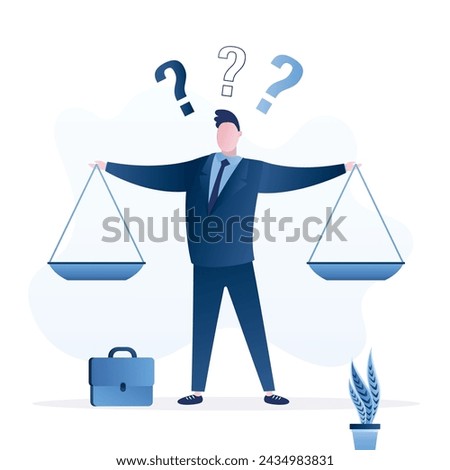 Businessman uses scales and comparing to be equal, fair measuring. Decision or balance concept. Comparison advantage and disadvantage. Integrity or honest truth, pros and cons or measurement. vector