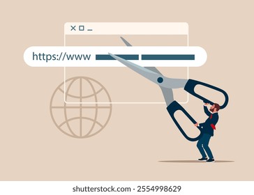 Businessman uses scissors to cut an address bar or link to make it shorter. Short and custom URLs.  Modern vector illustration in flat style.