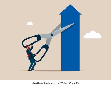 Businessman uses scissors to cut up arrow with scissors. Business decline, competition. Modern vector illustration in flat style