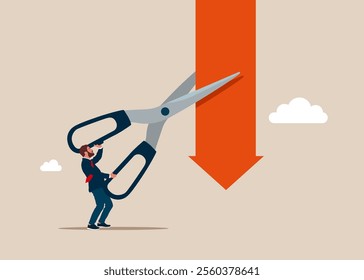 Businessman uses scissors to cut down arrow with scissors. Survive investment crash, crisis or recession, pushing back or effort to win business challenge, economic recession. Vector illustration