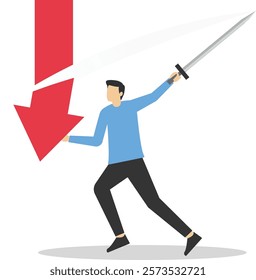 Businessman uses scissors to cut down arrow with scissors. Survive investment crash, crisis or recession, pushing back or effort to win business challenge, economic recession. Vector illustration

