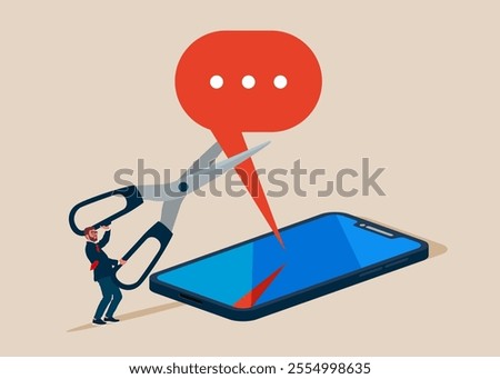 Businessman uses scissors to cut out the message. Block unwanted messages, filter messages from unknown senders. Do not disturb. Flat vector illustration.