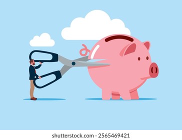 Businessman uses scissors to cut piggy bank with scissors. Divide money, share profits. Cost reduction or cut price. Modern flat vector illustration