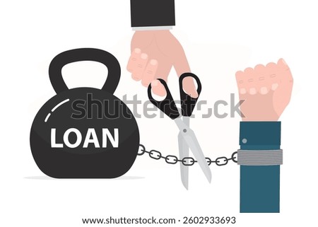 Businessman uses scissors to free debtor from debt burden. Hand chained to giant weight. Need to pay off debts, loans. Solution to solve financial problem. Crisis, bankruptcy, no money to pay loan.