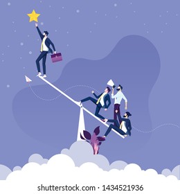 Businessman uses a seesaw to get a stars. Teamwork concept