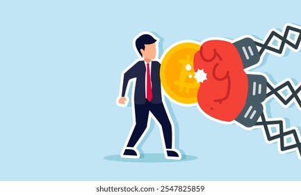 Un hombre de negocios utiliza un escudo o protección hecho de bitcoin para bloquear los golpes de los guantes de boxeo, ilustración de la valoración estable de bitcoin no afectada por cuestiones económicas y políticas  