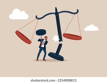 Businessman uses sledgehammer and attack scales of justice. Fighting for changing legislation as a law scale for equality. Corruption and dishonesty. Flat vector illustration.