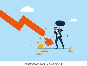 Businessman  uses sledgehammer and breaks falling chart. Restraint fall in stock quote. Economic crisis. Flat vector illustration