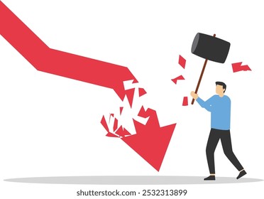 Businessman uses sledgehammer and breaks falling chart. Restraint fall in stock quote. Economic crisis. Flat vector illustration

