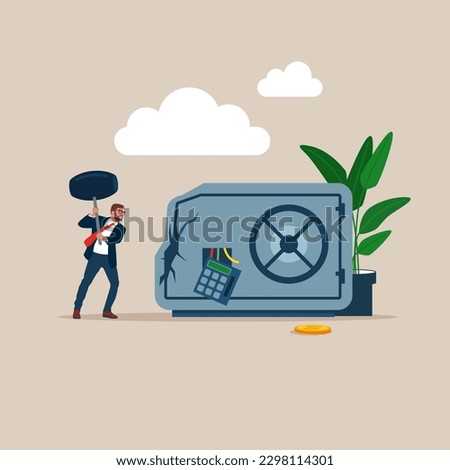 Businessman  uses sledgehammer and breaks safe. Breaking the law. Theft and property crime. Money problems. Flat vector illustration