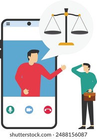 Businessman uses smartphone for consulting with attorney. Online legal advice. Big smartphone, justice and law application.

