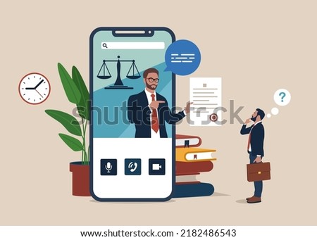 Businessman uses smartphone for consulting with attorney. Online legal advice. Big smartphone, justice and law application.