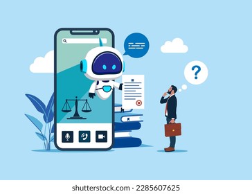 Businessman uses smartphone for consulting with. Artificial intelligence technology. Online legal advice. Big smartphone, justice and law application.