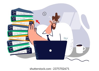 Businessman uses software to reduce turnover documents and moves away folders with papers after digitizing company. Concept innovation and implementation electronic turnover documents in business