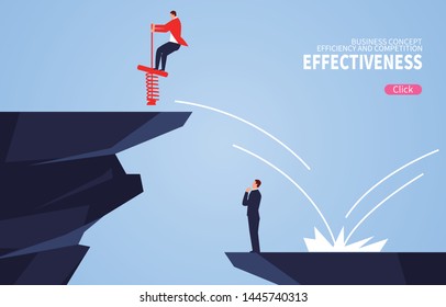 Businessman uses spring to jump over the cliff while another businessman is still thinking