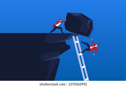Businessman uses stone to stop companion from climbing to the top