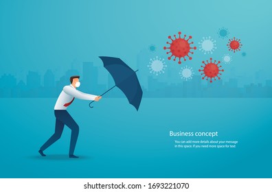 Businessman uses umbrella to protect himself from Coronavirus  (COVID-19) vector illustration, EPS10.