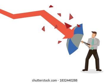 Businessman uses the umbrella to resist the falling arrow. Concept of insurance. Flat vector illustration isolated on a white background.