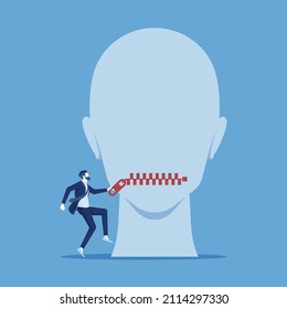Businessman uses zipper to seal the giant's mouth, no speaking or shut up concept